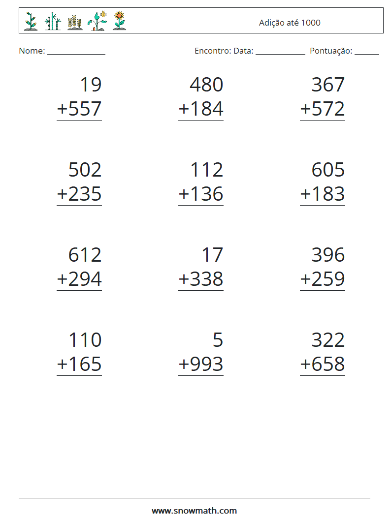 (12) Adição até 1000 planilhas matemáticas 5