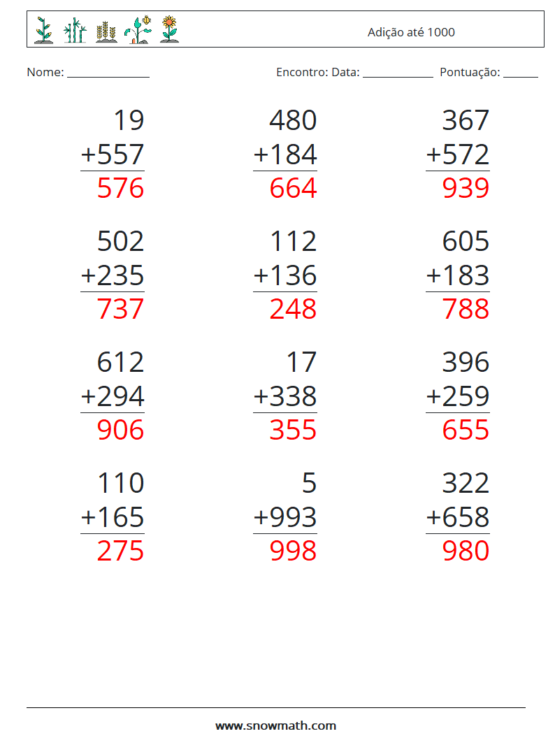 (12) Adição até 1000 planilhas matemáticas 5 Pergunta, Resposta