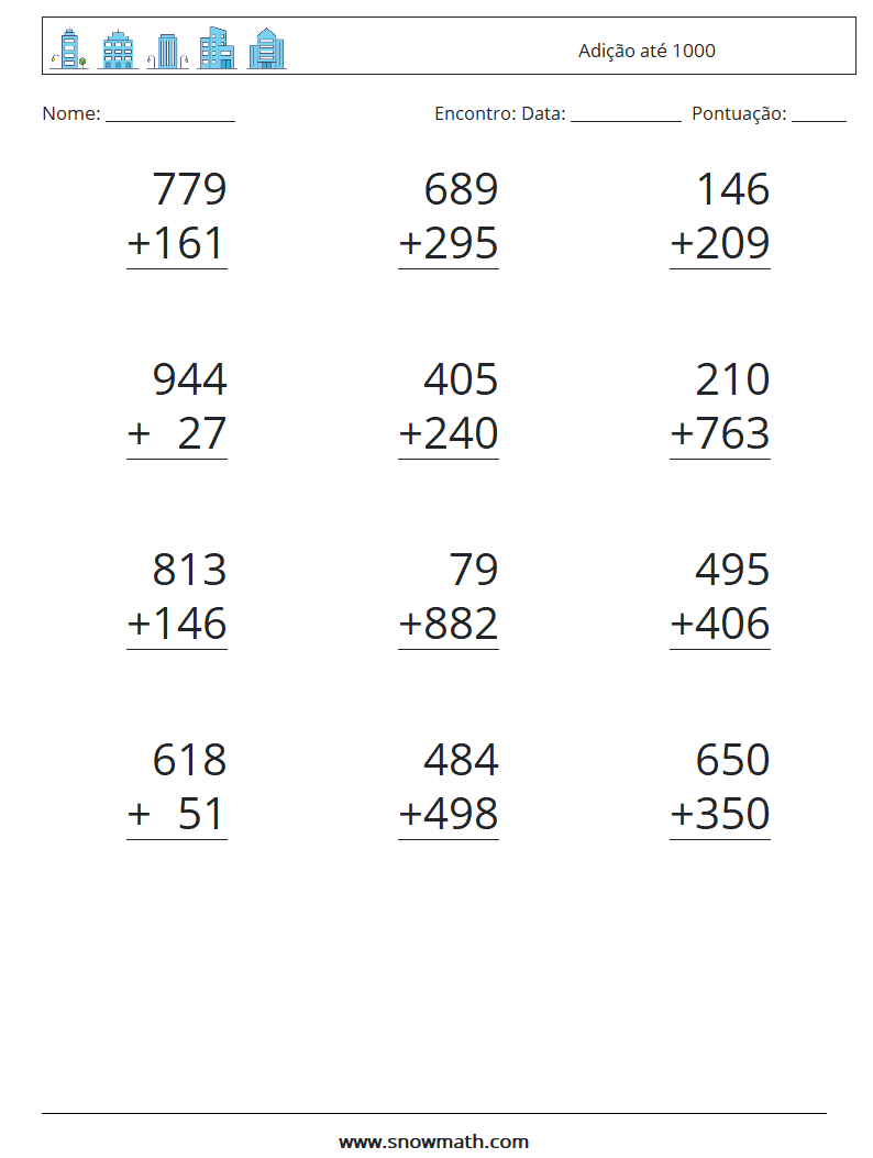 (12) Adição até 1000 planilhas matemáticas 6