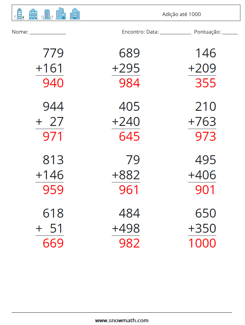 (12) Adição até 1000 planilhas matemáticas 6 Pergunta, Resposta