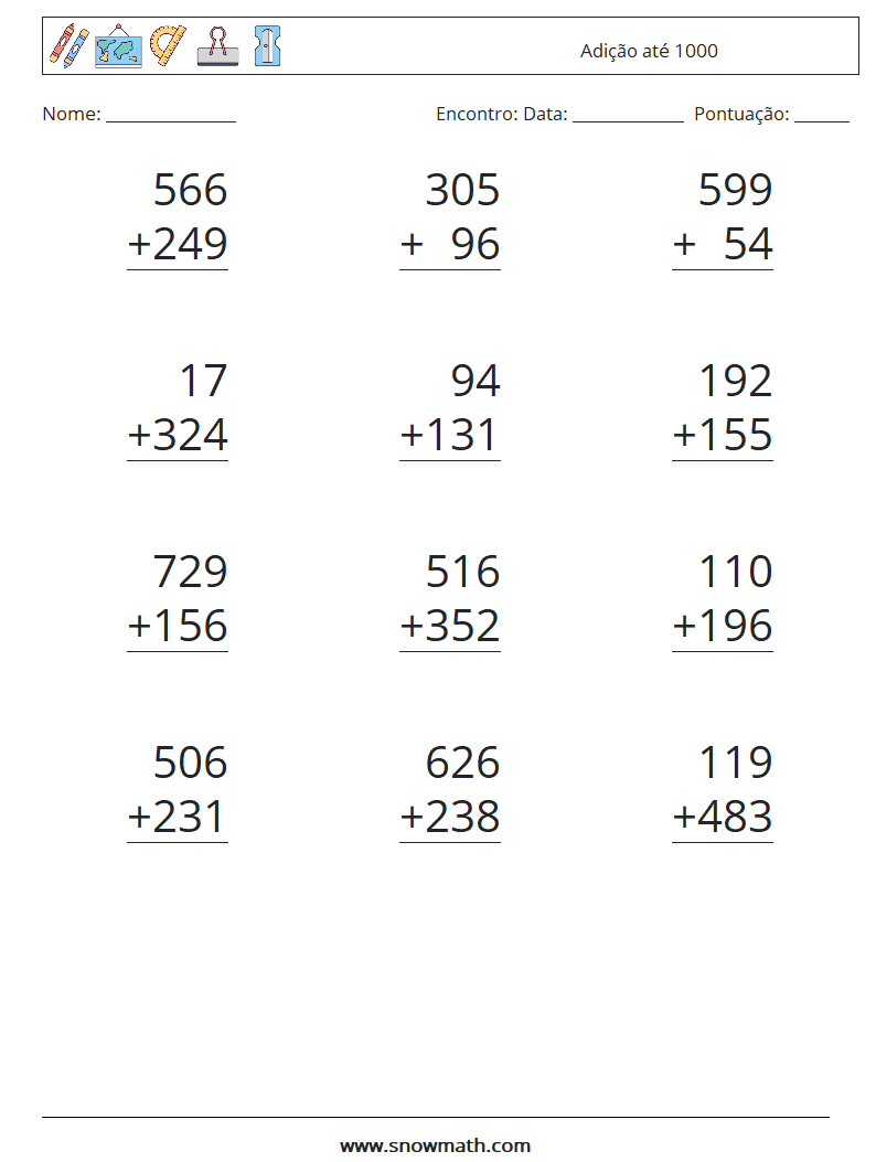 (12) Adição até 1000 planilhas matemáticas 7