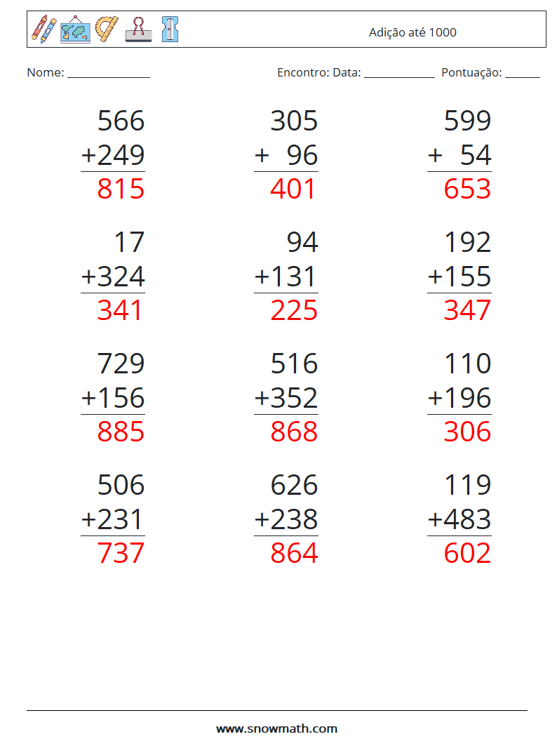 (12) Adição até 1000 planilhas matemáticas 7 Pergunta, Resposta