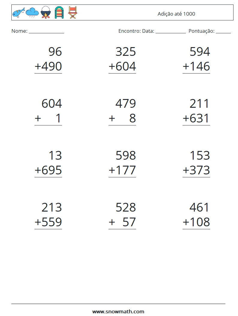 (12) Adição até 1000 planilhas matemáticas 8