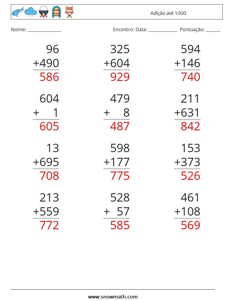 (12) Adição até 1000 planilhas matemáticas 8 Pergunta, Resposta