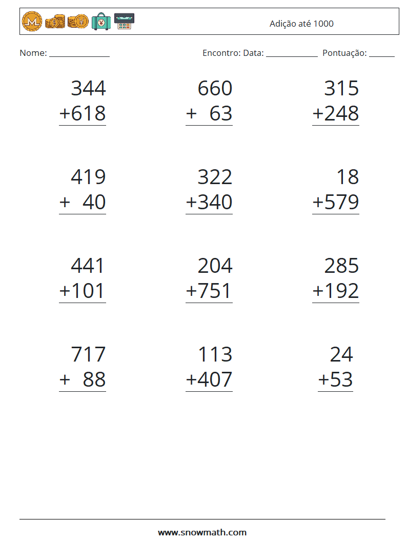 (12) Adição até 1000 planilhas matemáticas 9