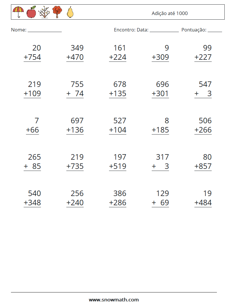 (25) Adição até 1000 planilhas matemáticas 1