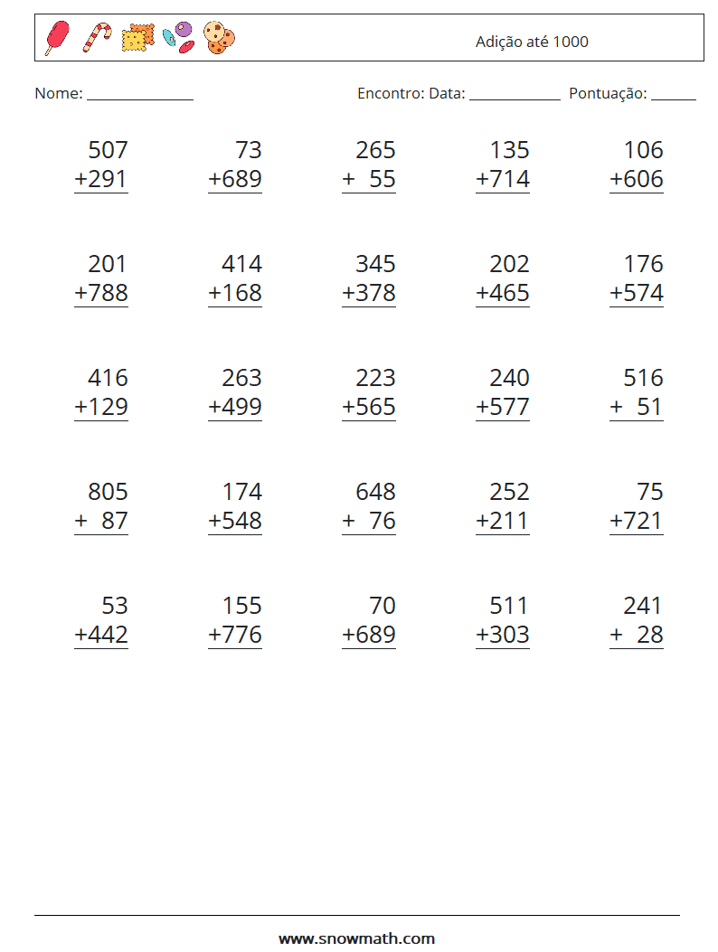 (25) Adição até 1000 planilhas matemáticas 10