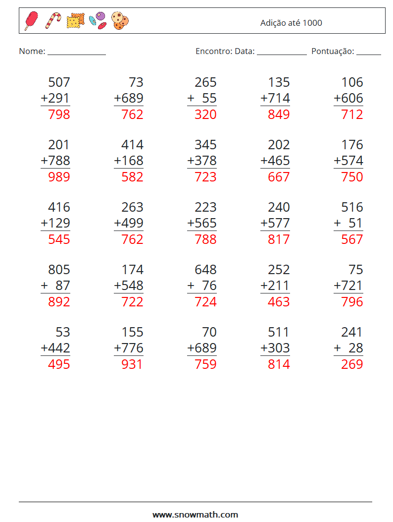 (25) Adição até 1000 planilhas matemáticas 10 Pergunta, Resposta