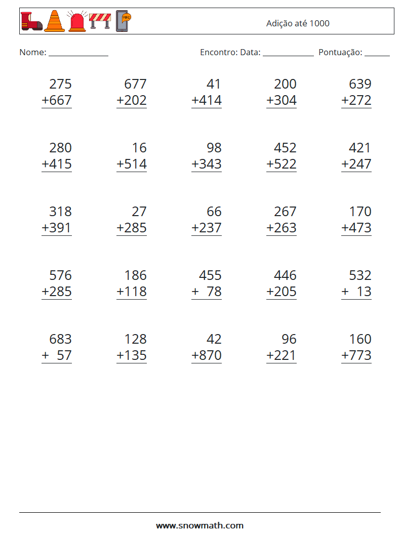 (25) Adição até 1000 planilhas matemáticas 11