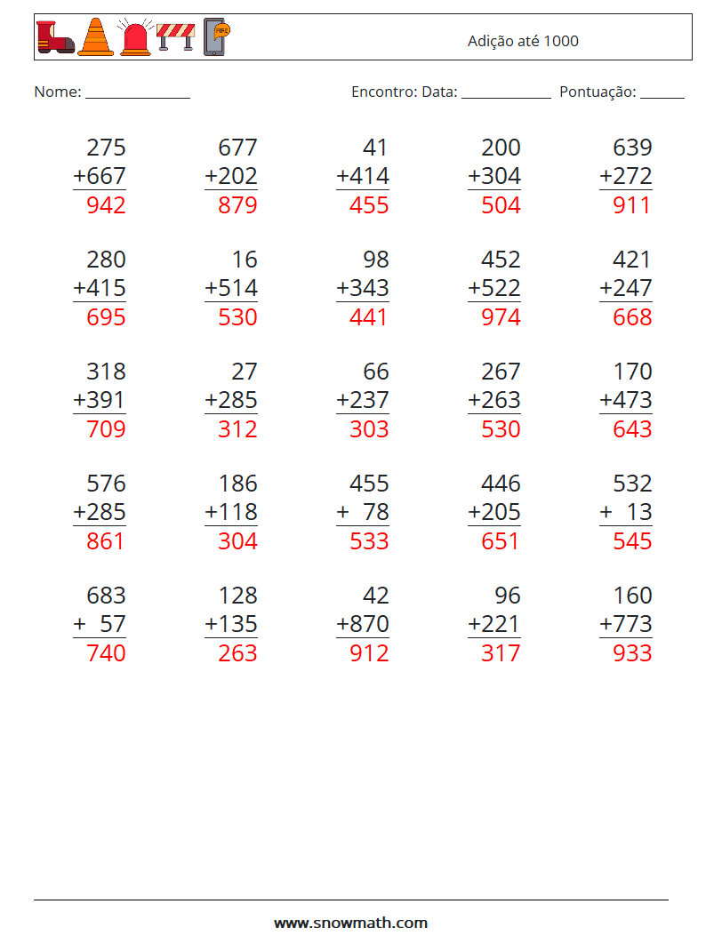 (25) Adição até 1000 planilhas matemáticas 11 Pergunta, Resposta