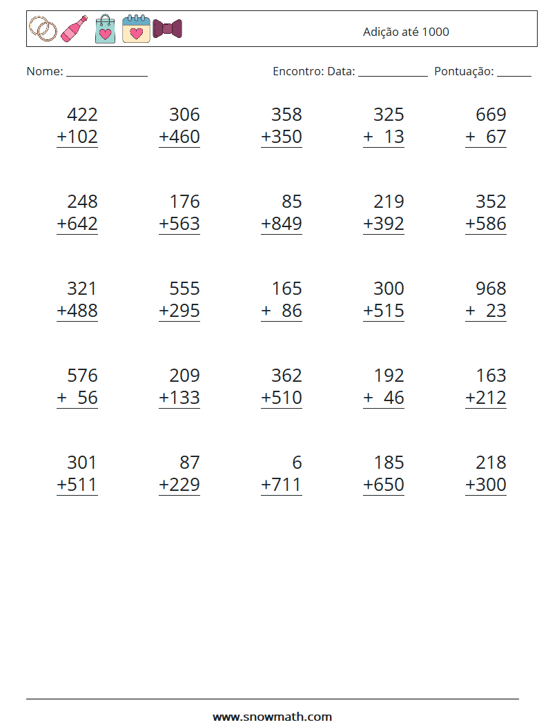 (25) Adição até 1000 planilhas matemáticas 12