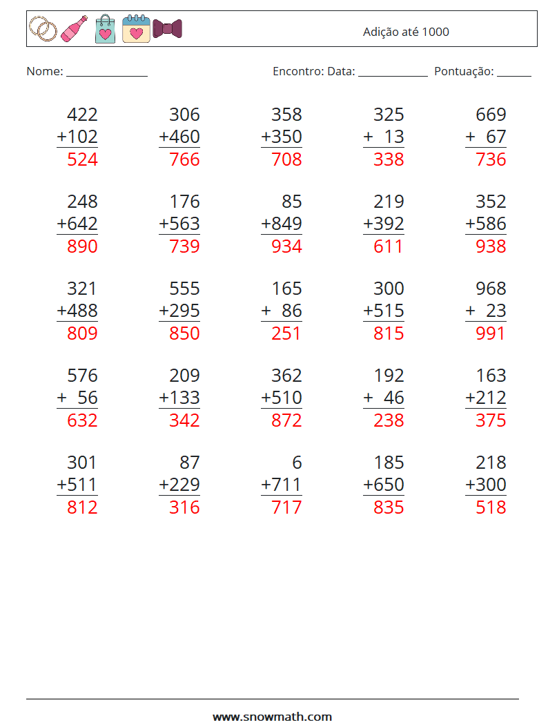 (25) Adição até 1000 planilhas matemáticas 12 Pergunta, Resposta