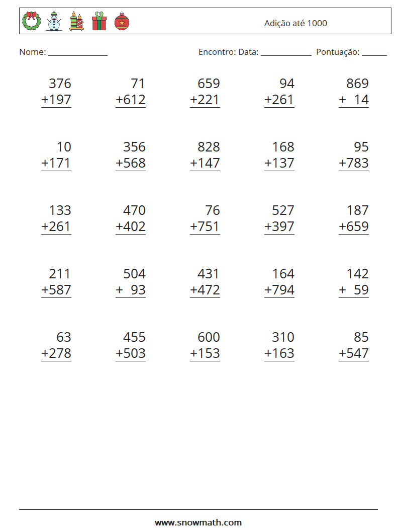 (25) Adição até 1000 planilhas matemáticas 13