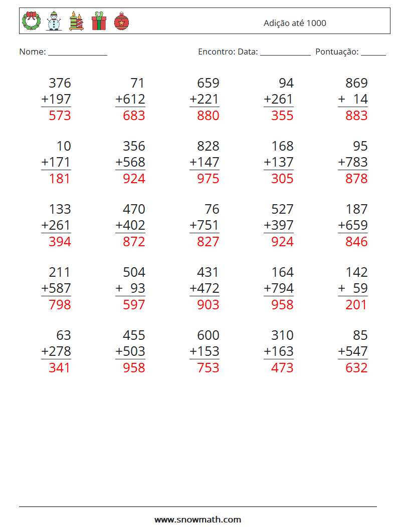 (25) Adição até 1000 planilhas matemáticas 13 Pergunta, Resposta