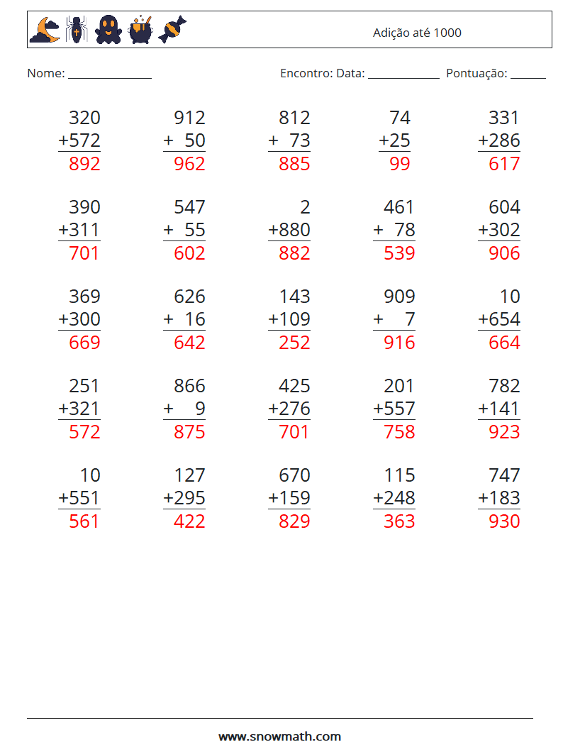 (25) Adição até 1000 planilhas matemáticas 14 Pergunta, Resposta