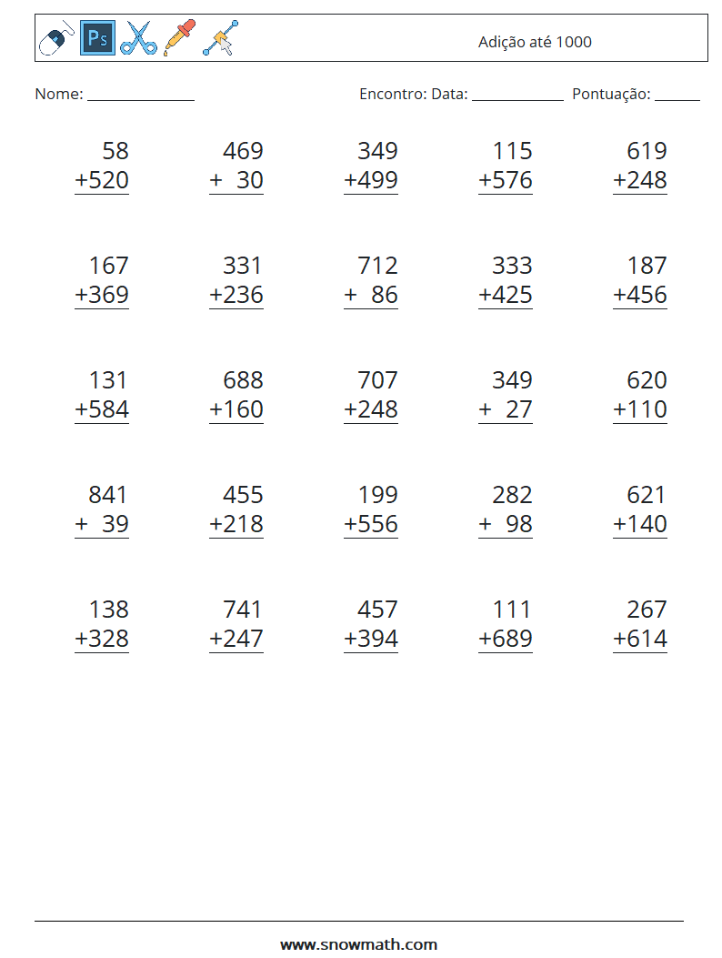 (25) Adição até 1000 planilhas matemáticas 15