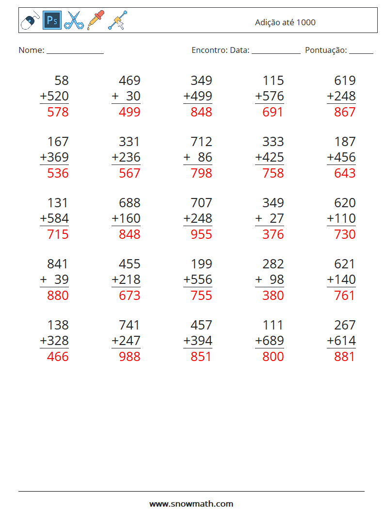 (25) Adição até 1000 planilhas matemáticas 15 Pergunta, Resposta