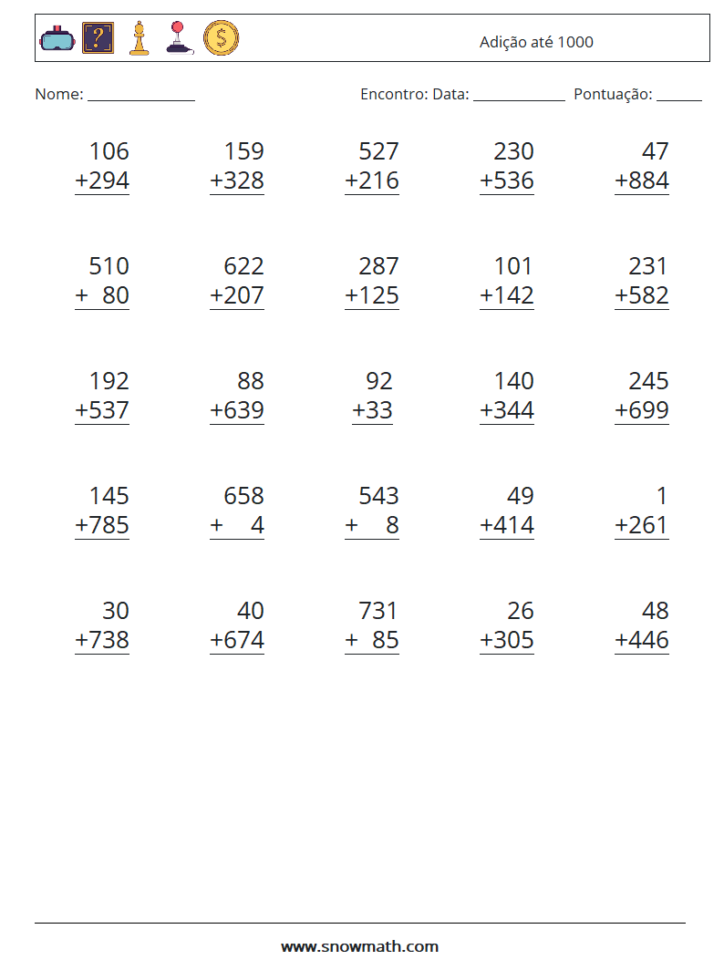 (25) Adição até 1000 planilhas matemáticas 16