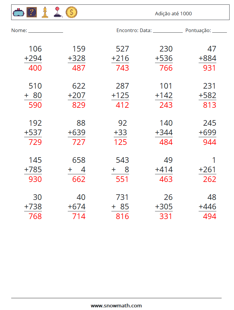 (25) Adição até 1000 planilhas matemáticas 16 Pergunta, Resposta