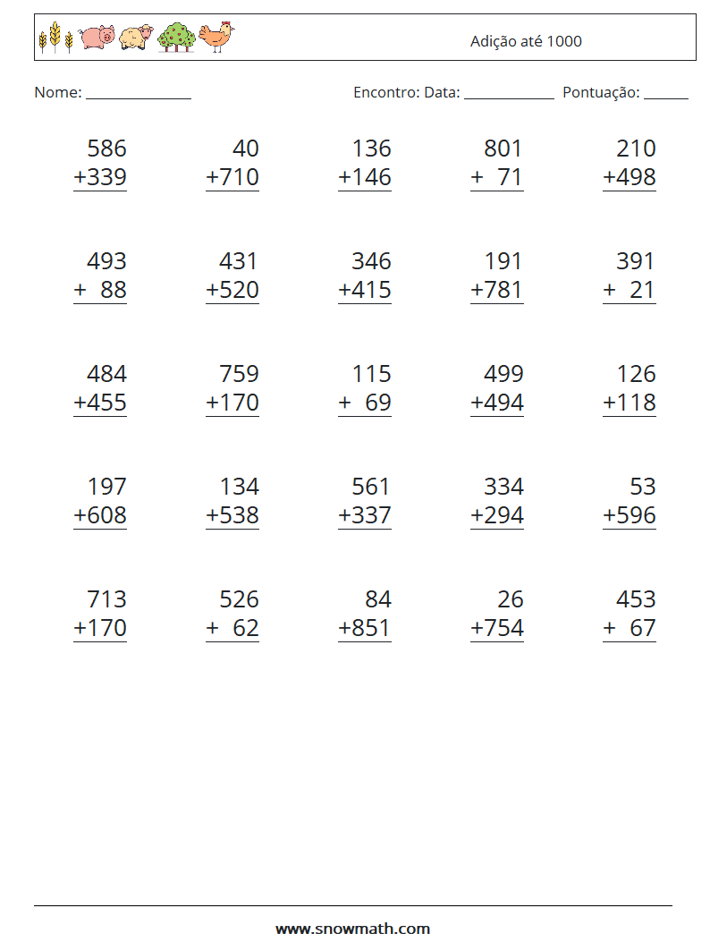 (25) Adição até 1000 planilhas matemáticas 17