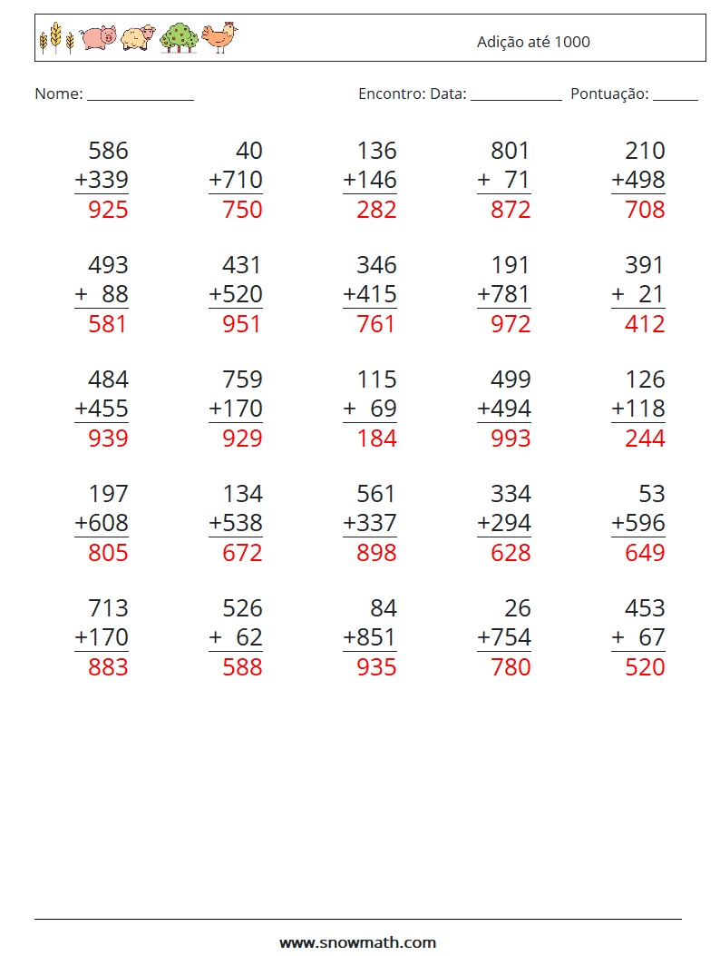 (25) Adição até 1000 planilhas matemáticas 17 Pergunta, Resposta