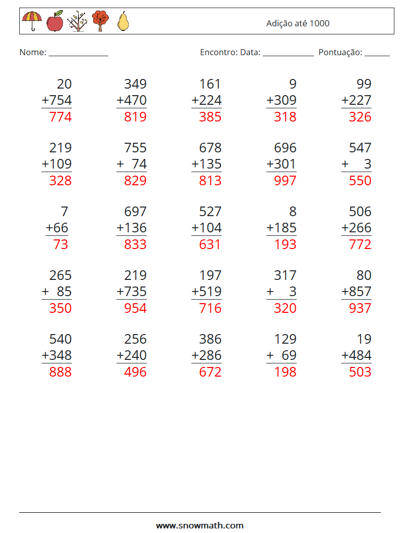 (25) Adição até 1000 planilhas matemáticas 1 Pergunta, Resposta