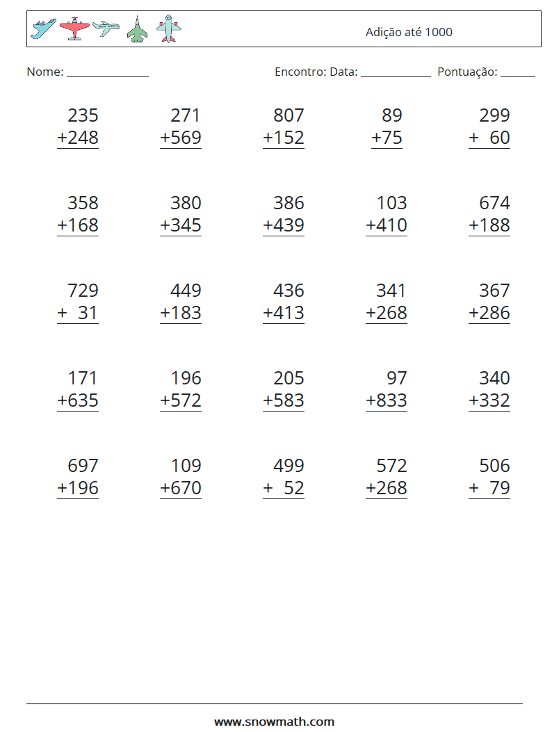 (25) Adição até 1000 planilhas matemáticas 2