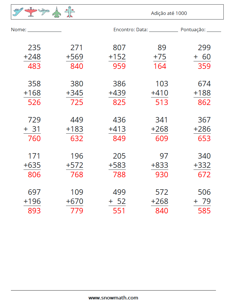 (25) Adição até 1000 planilhas matemáticas 2 Pergunta, Resposta