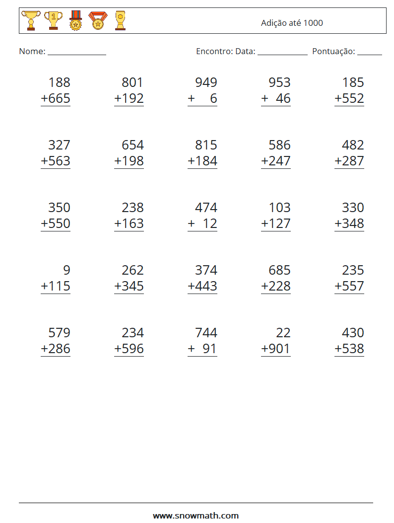 (25) Adição até 1000 planilhas matemáticas 3