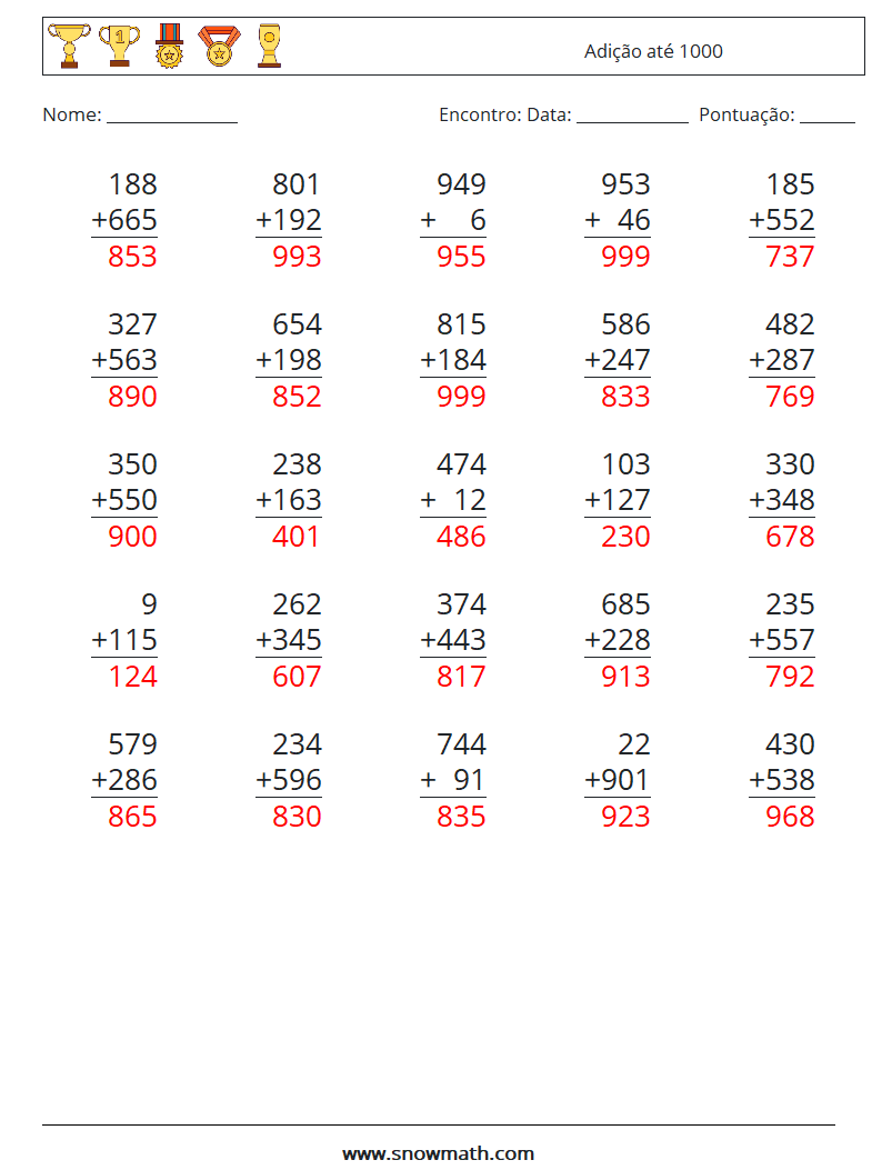 (25) Adição até 1000 planilhas matemáticas 3 Pergunta, Resposta