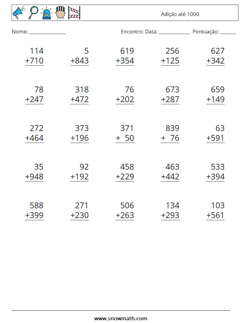 (25) Adição até 1000 planilhas matemáticas 4