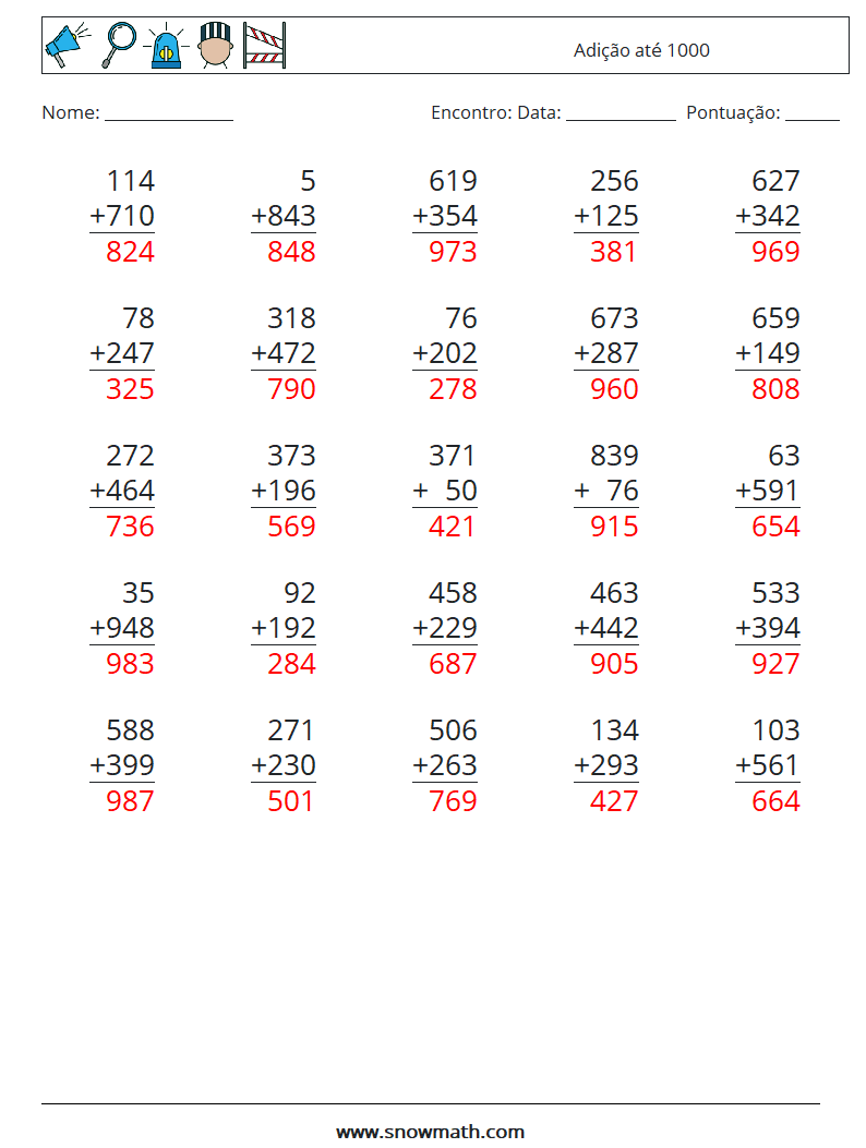 (25) Adição até 1000 planilhas matemáticas 4 Pergunta, Resposta