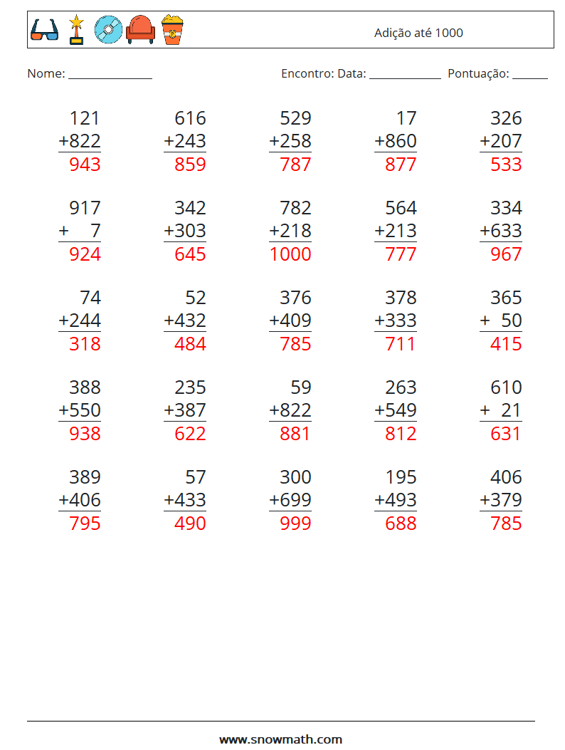 (25) Adição até 1000 planilhas matemáticas 5 Pergunta, Resposta