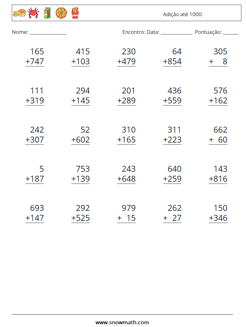 (25) Adição até 1000 planilhas matemáticas 6