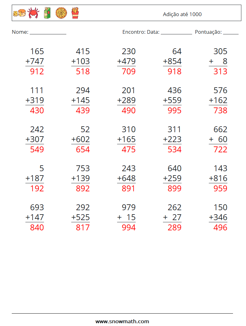 (25) Adição até 1000 planilhas matemáticas 6 Pergunta, Resposta