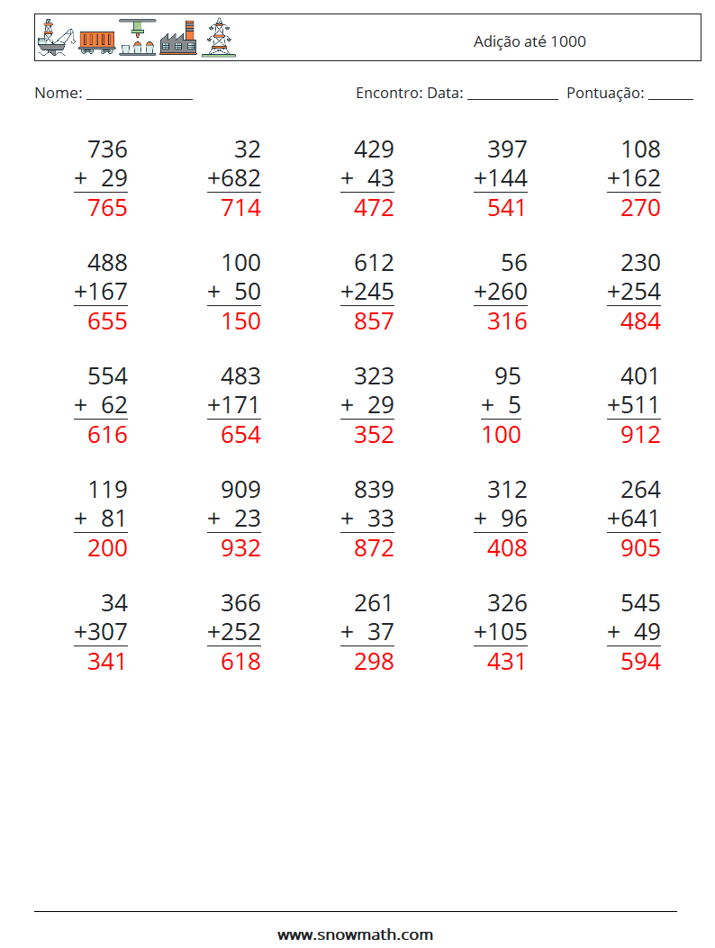 (25) Adição até 1000 planilhas matemáticas 7 Pergunta, Resposta