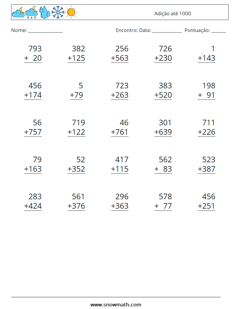 (25) Adição até 1000 planilhas matemáticas 8