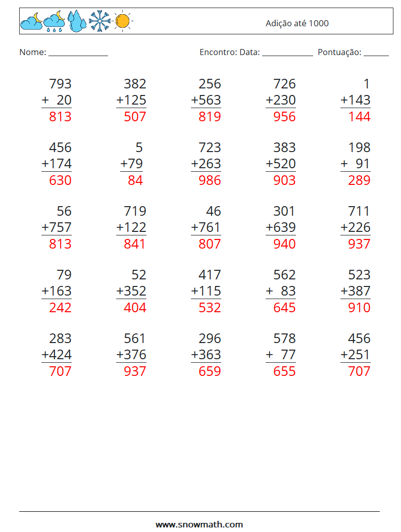 (25) Adição até 1000 planilhas matemáticas 8 Pergunta, Resposta