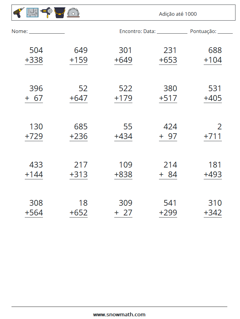 (25) Adição até 1000 planilhas matemáticas 9