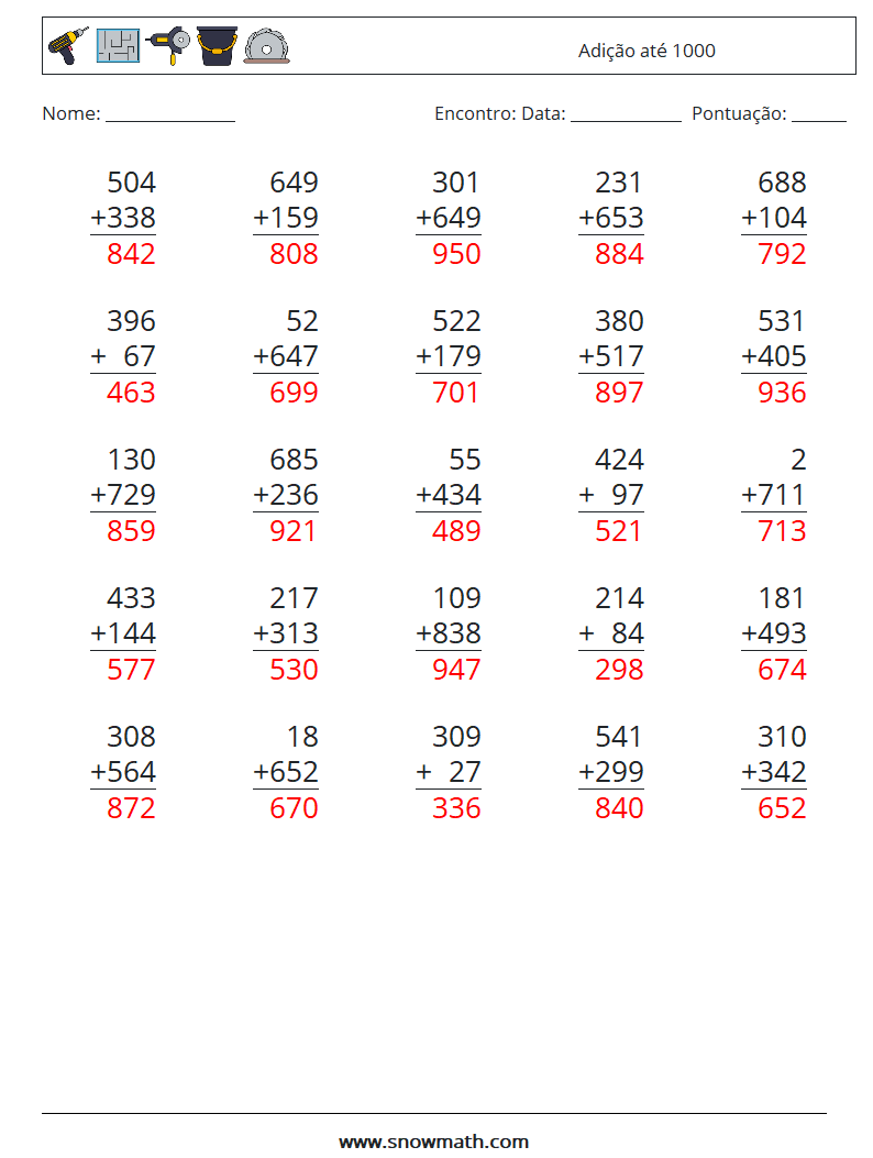 (25) Adição até 1000 planilhas matemáticas 9 Pergunta, Resposta