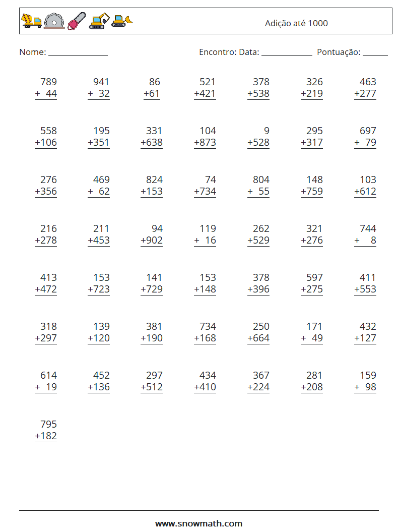 (50) Adição até 1000 planilhas matemáticas 1