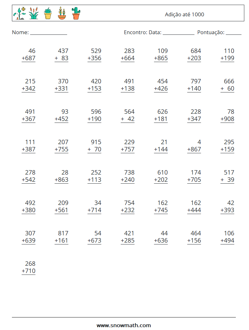 (50) Adição até 1000 planilhas matemáticas 10