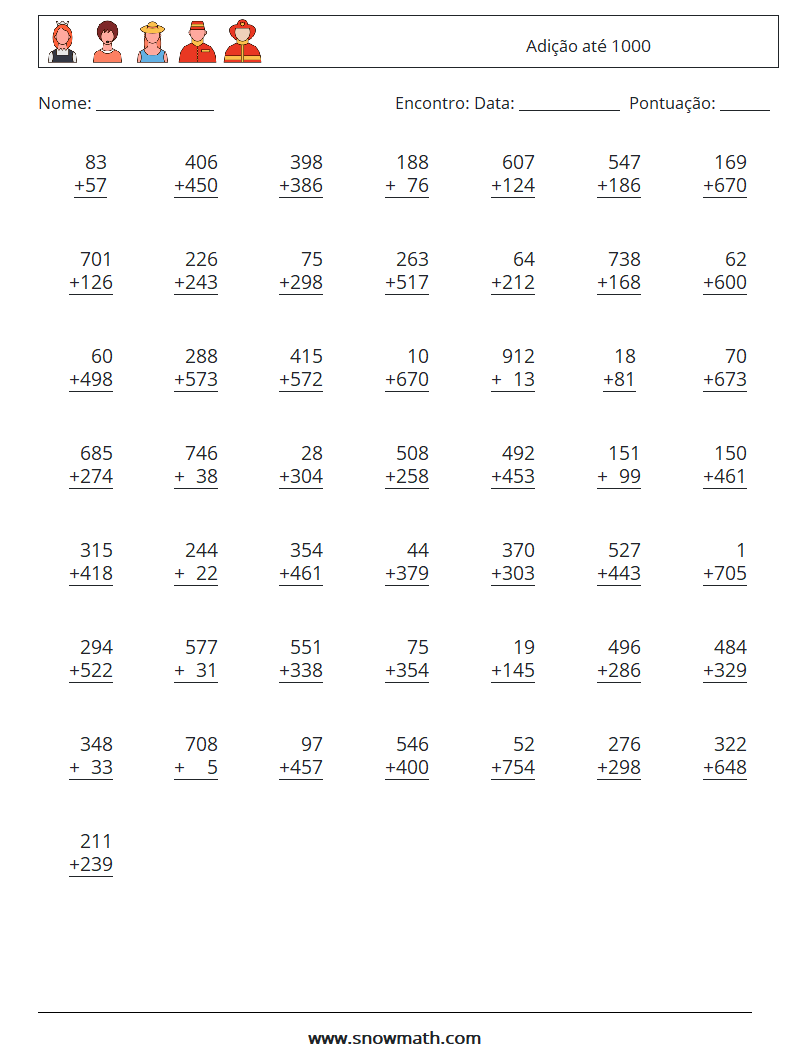 (50) Adição até 1000 planilhas matemáticas 11