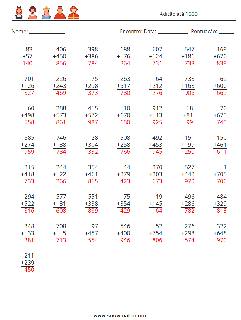 (50) Adição até 1000 planilhas matemáticas 11 Pergunta, Resposta