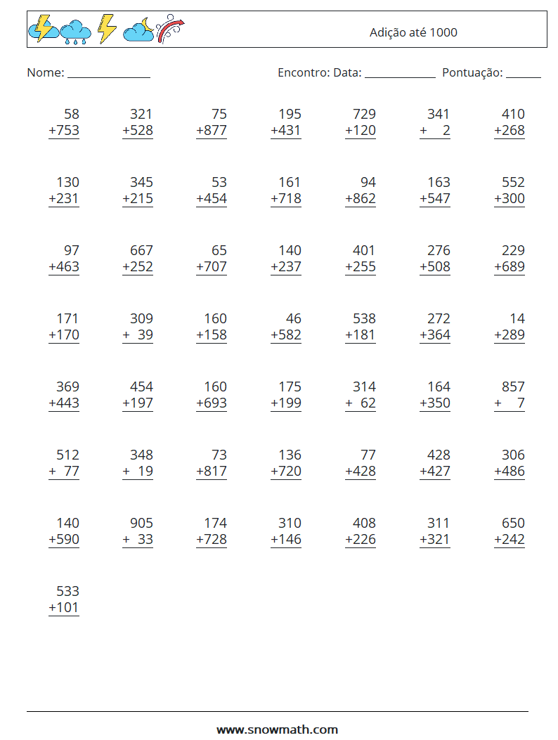 (50) Adição até 1000 planilhas matemáticas 12