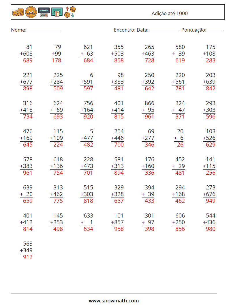 (50) Adição até 1000 planilhas matemáticas 13 Pergunta, Resposta