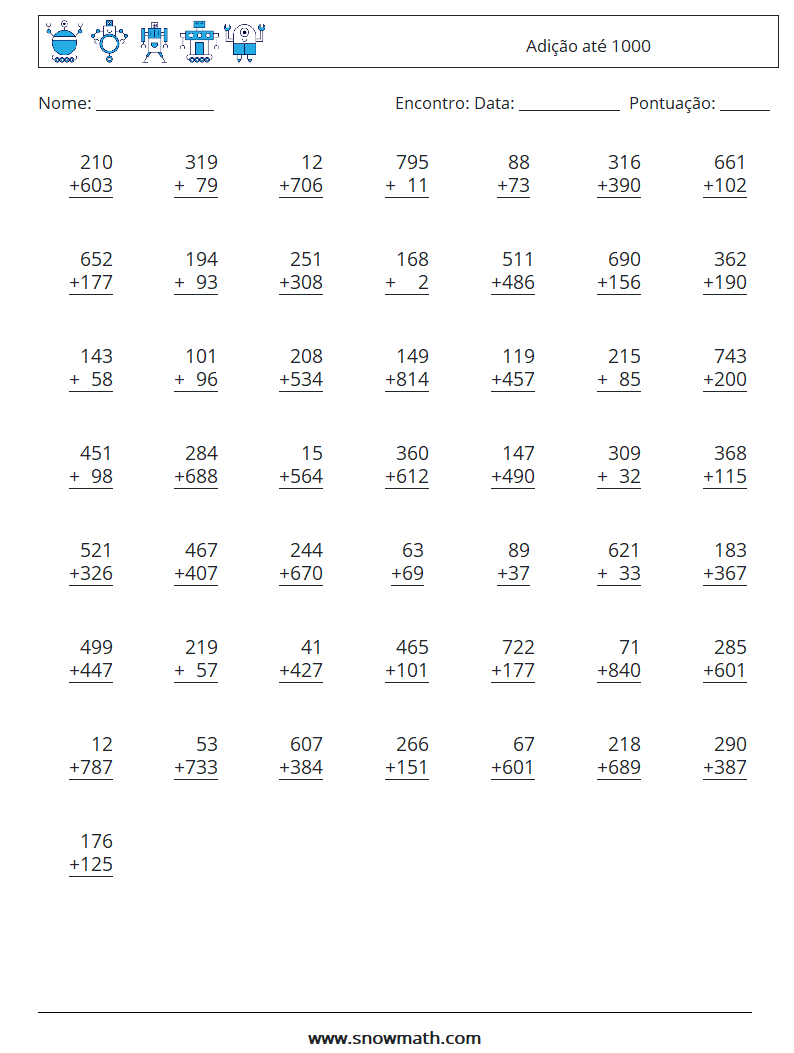 (50) Adição até 1000 planilhas matemáticas 14