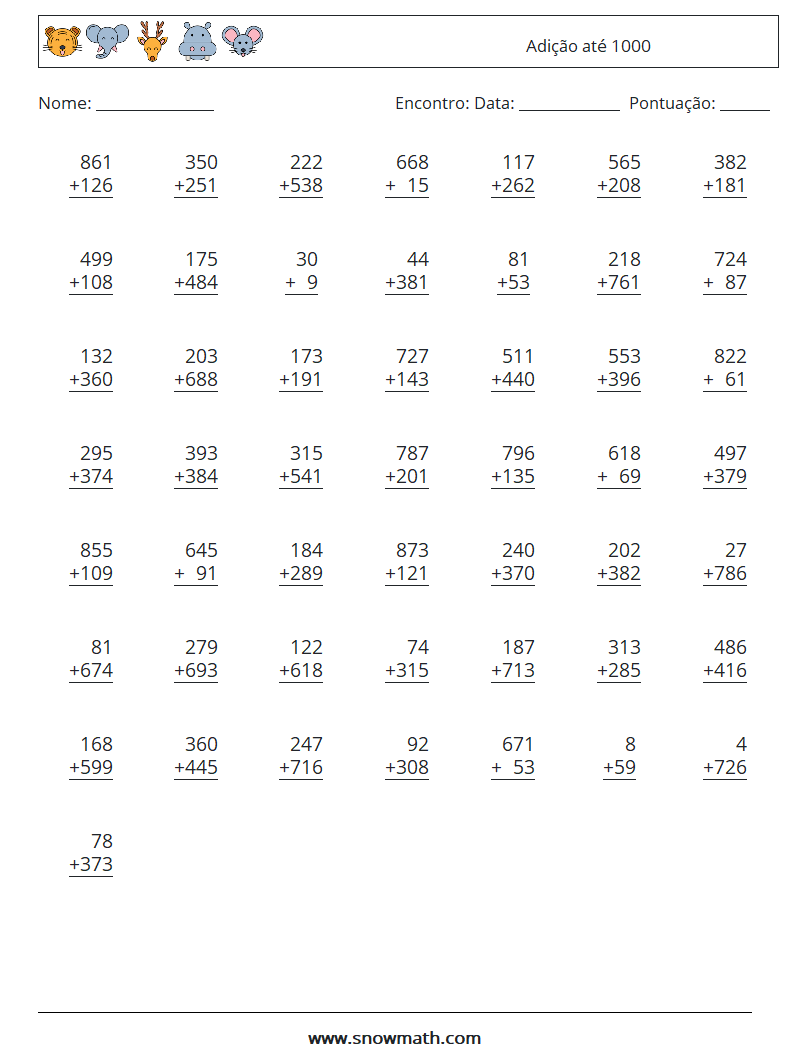 (50) Adição até 1000 planilhas matemáticas 15