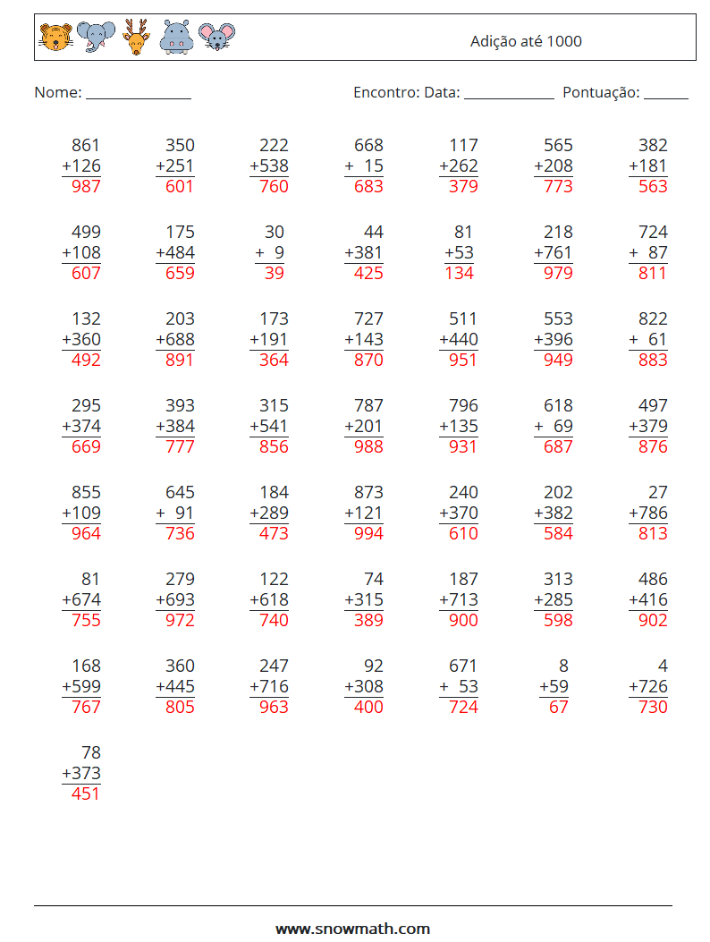 (50) Adição até 1000 planilhas matemáticas 15 Pergunta, Resposta