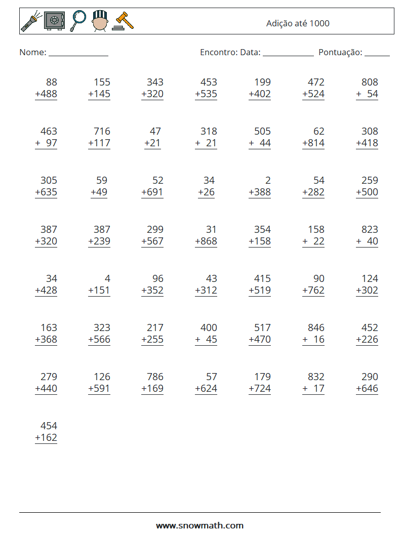 (50) Adição até 1000 planilhas matemáticas 16